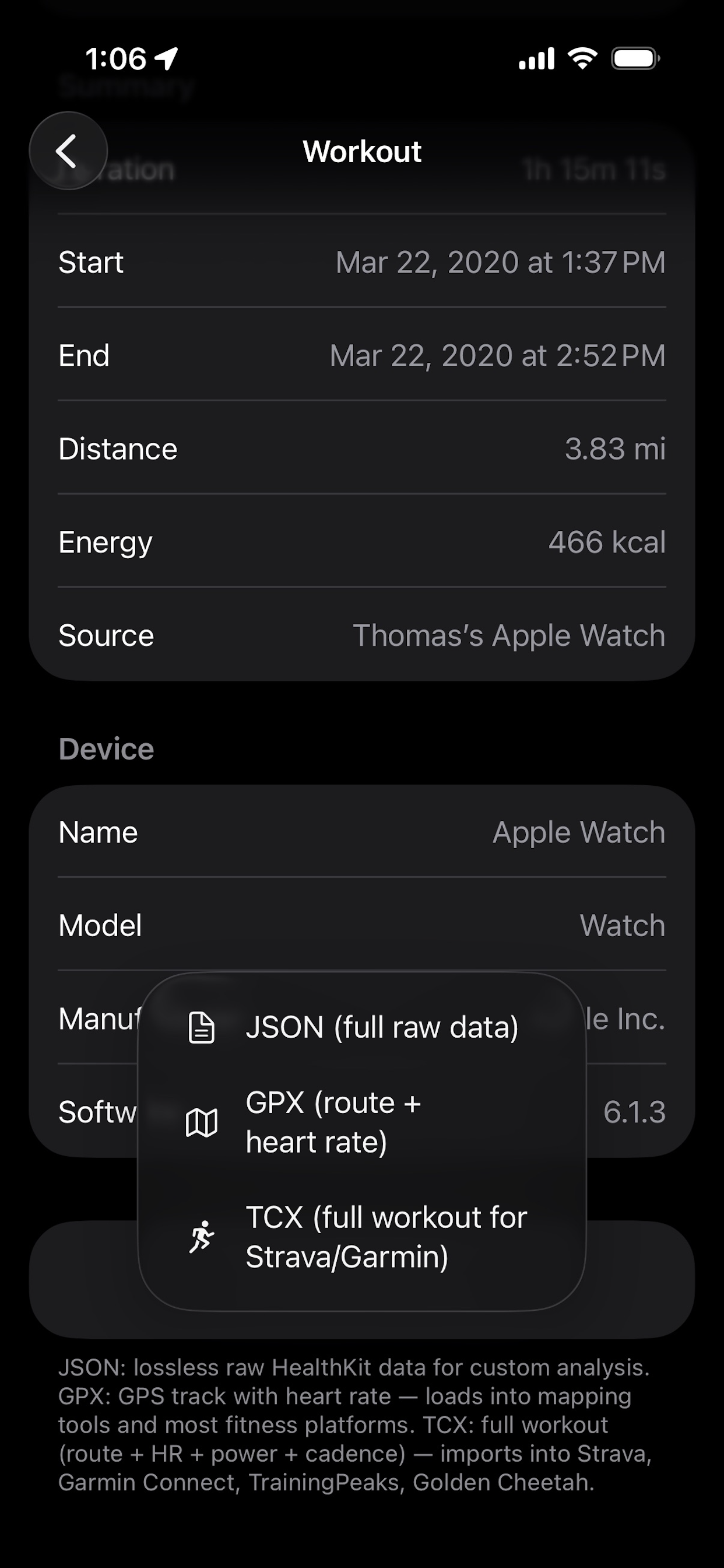 Export format menu showing JSON, GPX, and TCX