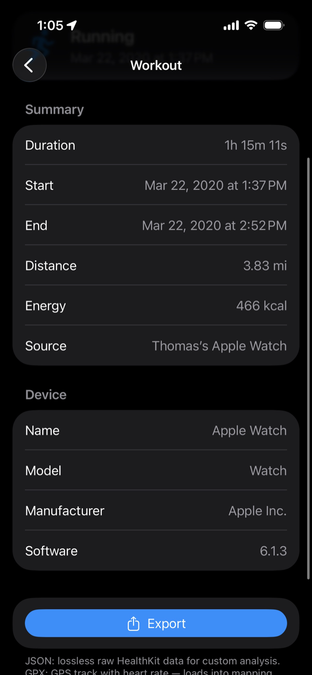 Apple Health workout summary exported as a CSV spreadsheet file