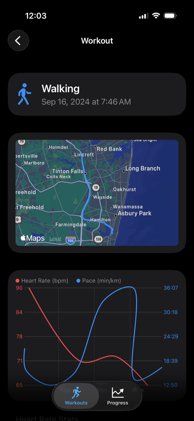 Apple Health workout route exported as a GPX file, shown on a map