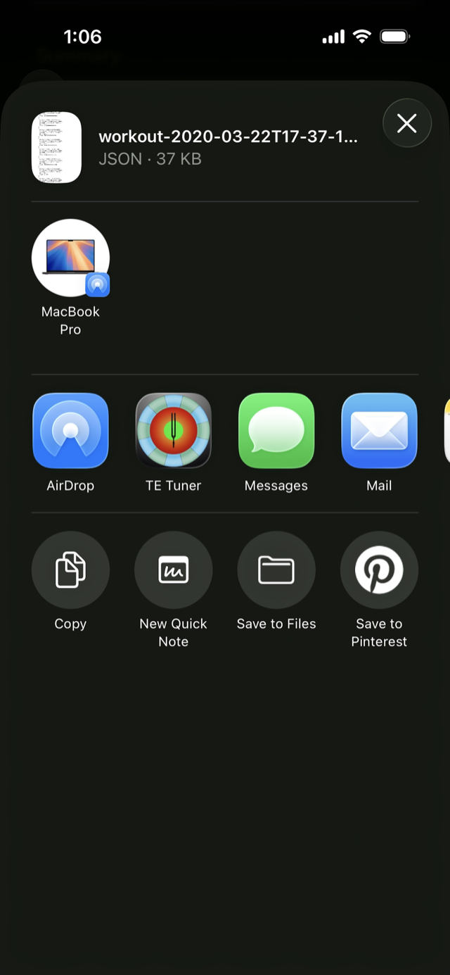 Folha de compartilhamento do iOS exportando um arquivo de treino para AirDrop, Messages, Mail ou Files